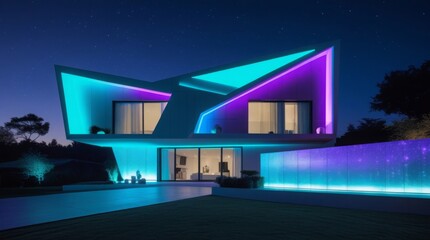  Ultra modern house shines at night with vivid digital lights of turquoise, purple, and silver hues highlighting futuristic smart living and bold architectural style, featuring large windows,