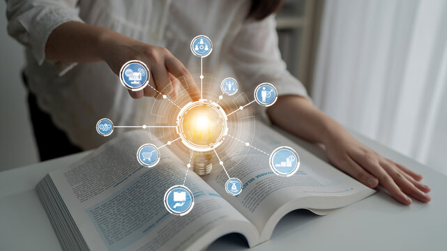 Captivating image illustrating the fusion of technology and learning with an open book, light bulb, and digital icons, symbolizing insight and knowledge sharing. Crux