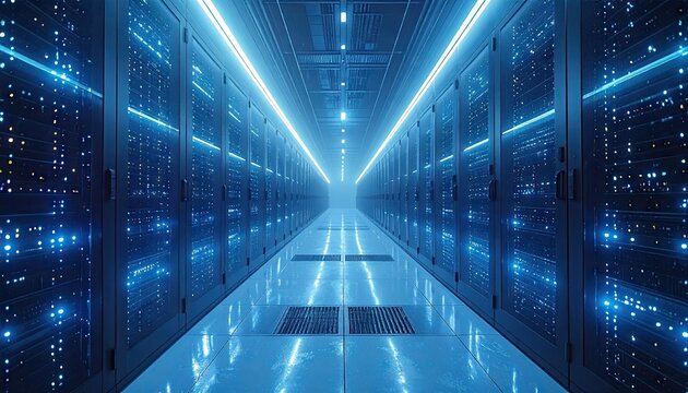 Futuristic Data Center Corridor with Blue LED Lights and Server Racks Reflecting Digital Data Glow
