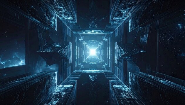 Endless Blue Neon Digital Tunnel with Bright Light at the End Futuristic Sci Fi Abstract Background