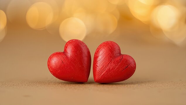 Valentine's card featuring small red wooden hearts set against a shimmering golden bokeh background, romantic gesture