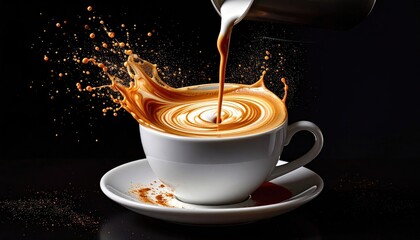 Espresso poured into a white cup creating a beautiful swirling splash against a dark background with dynamic motion and detailed droplets
