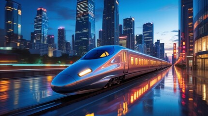 Ultra-modern bullet train with sleek metallic surfaces and vibrant LED lights streaks across a bustling urban skyline at dusk with towering skyscrapers and neon lights reflecting off wet