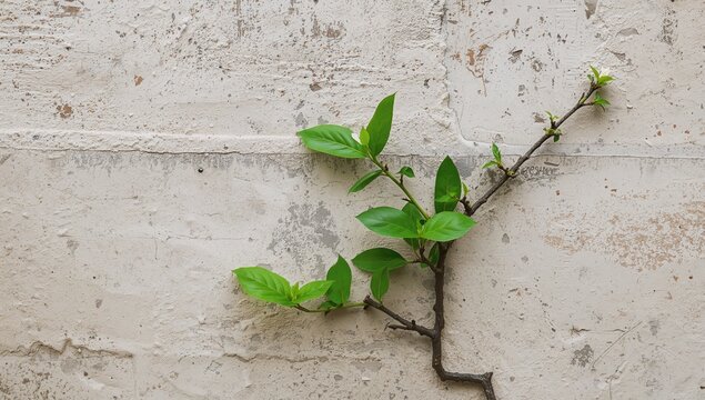 Wall texture featuring a green plant branch, ideal for editorial header background