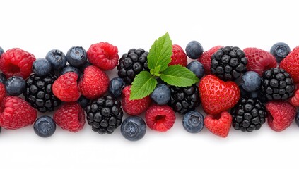 Assorted berries including blackberries, strawberries, blueberries, and raspberries with fresh leaves, fiber-dense choice