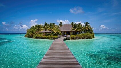 Water villa situated on a blue ocean, highlighting serene coastal retreat