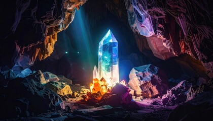 Enormous Crystal Formation Illuminates Dark Cave With Vibrant Hues Of Blue Pink And Purple Light Rays Shining Through The Rocky Interior.