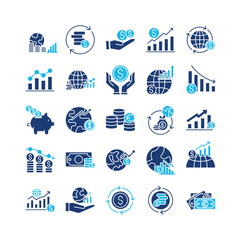Business economy icon set collection. Containing statistics, increase, transfer, give, marketing, global, loan .Solid vector icons collection