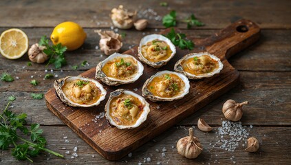 Grilled oysters seasoned with garlic, a protein-rich meal choice