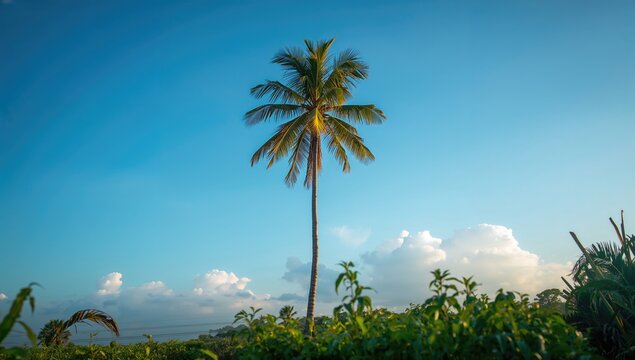 Tall palm tree stands isolated in a natural landscape, reflecting seasonal change