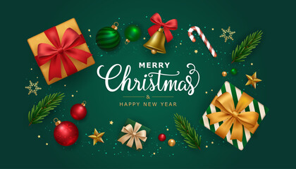 Merry Christmas and happy new year on green background. Christmas letters, Gift boxes, Christmas balls. Christmas element for web, banners, greeting card, template design. Vector EPS10.