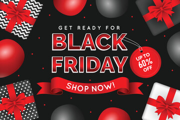 realistic black friday banner with presents vector design illustration