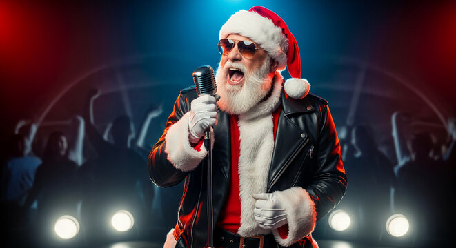Man with white beard in Santa hat singing into microphone, wearing black leather jacket, against a stage backdrop, representing festive celebration