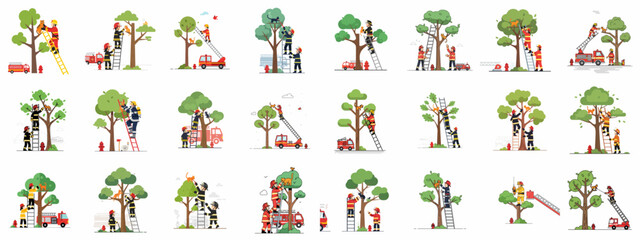 Firefighters Rescuing Cats and Small Animals from Trees using Ladders and Fire Trucks, Flat Vector Illustration Set. © Sabiqul