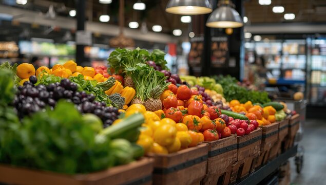 Rustic containers filled with an assortment of fresh fruits and vegetables, promoting a fiber-dense choice