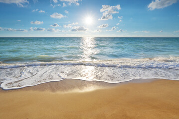 Beautiful coast of beach at day. Sandy sea shore nature composition.