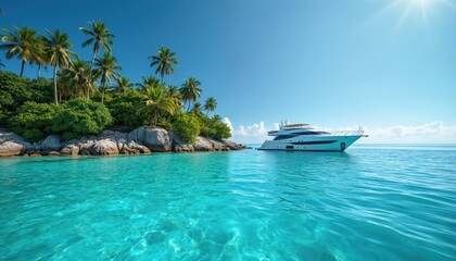 Obraz premium Luxury yacht anchors near tropical island with palm trees under bright sky. Clear turquoise water surrounds boat, rocks. Holiday travel leisure scene. Coastal scenery, tropical vacation concept with