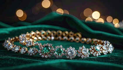 Exquisite Emerald and Diamond Necklace on Dark Green Velvet with Soft Bokeh Lights