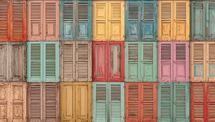 A colorful wall made of diverse wooden panels and shutters in various shades, ideal for a vibrant backdrop