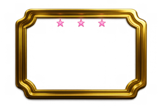 Elegant golden frame with glowing pink stars, decorative border offering a premium space for content, transparent background