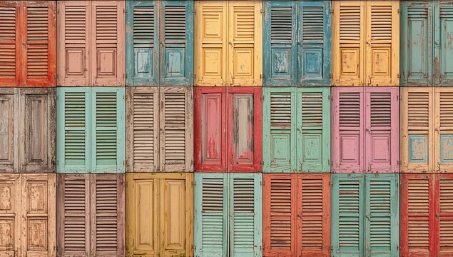 A colorful wall made of diverse wooden panels and shutters in various shades, ideal for a vibrant backdrop