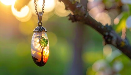 Exquisite Oval Pendant Necklace Adorned with a Miniature Tree Scene Bathed in Golden Sunset Light Hanging from a Branch Amidst Greenery