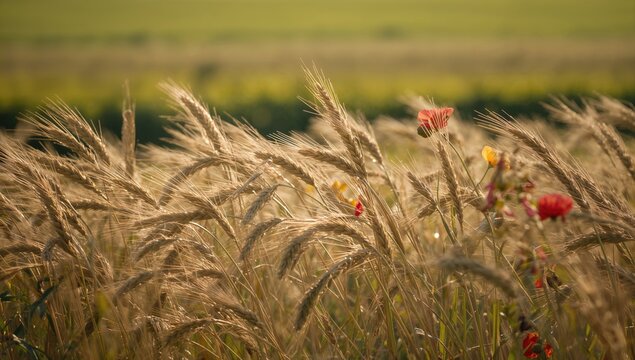 Wheat crop swaying gently in the breeze alongside poppy flowers, summer season, natural beauty
