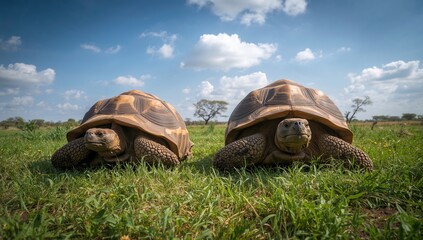 Two large tortoises basking in the sun on green grass, highlighting their slow pace in nature