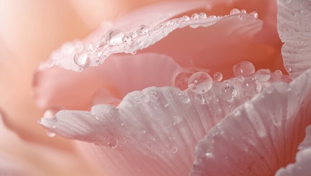 Close-up macro view of water droplets resting on a peony petal, highlighting delicate textures and natural beauty - Powered by Adobe