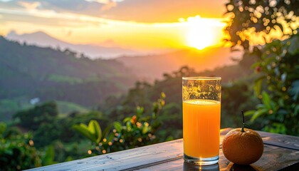 Glass of Orange Juice and a Small Fruit Sit on a Table Overlooking Lush Green Hills During Golden Hour Sunset with Warm Sunlight
