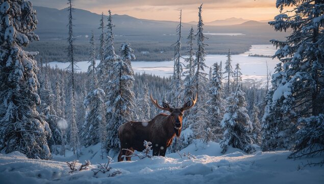 Fototapeta Majestic moose in a snowy landscape, reflecting seasonal change