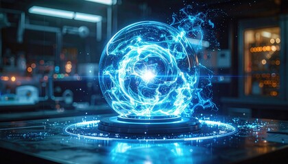 Glowing Blue Energy Sphere Floating Above a Circular Platform in a Laboratory Setting with Soft Bokeh Lights in the Background