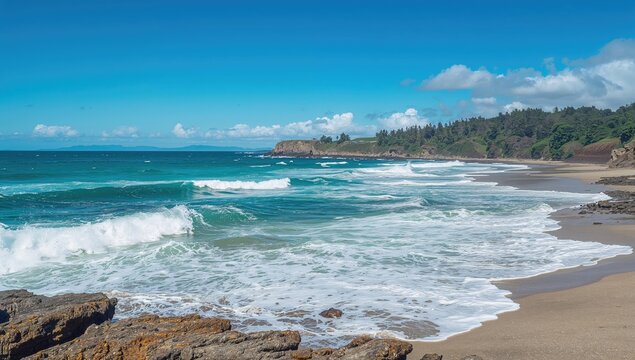 Waves crashing against rocky coastline, highlighting coastal erosion risk - Powered by Adobe