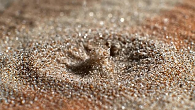 Close-up macro shot of sand texture with a small depression, capturing natural details