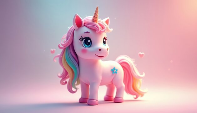 Cute pink unicorn with rainbow mane and tail stands on pastel background. Creature has golden horn blue eyes. Animal inspires magic wonder purity.