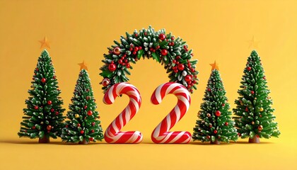 Festive Holiday Decoration Featuring Two Large Candy Canes Forming The Number 22 Surrounded By Miniature Decorated Christmas Trees And A Wreath On A Yellow Background