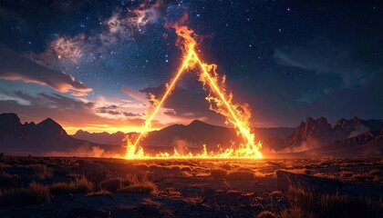 Fiery Triangle Portal Emanating Intense Light Against a Starry Night Sky with Dramatic Clouds and Desert Landscape at Dusk