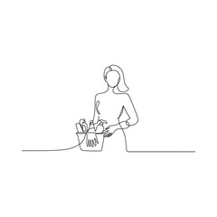 Minimalist line drawing of a woman holding a bag