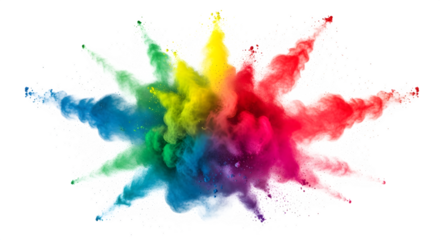 Explosion of vibrant rainbow powder creating a colorful burst, symbolizing creativity and energy  isolated on transparent background