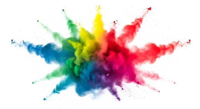 Explosion of vibrant rainbow powder creating a colorful burst, symbolizing creativity and energy  isolated on transparent background
