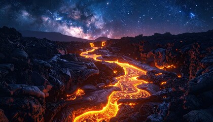 Fiery Lava Flow Through Dark Volcanic Rock Under A Starry Night Sky With Milky Way Galaxy Visible