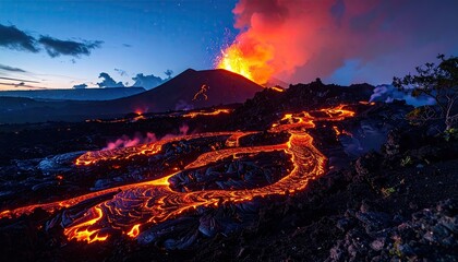 Fiery Volcano Erupting Molten Lava Flowing Down Dark Rocky Landscape Under Twilight Sky With Glowing Embers And Smoke Billowing Skyward