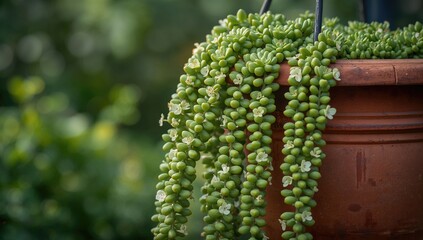 Hanging Succulent in Terra Cotta Planter with Bananas, enhancing indoor greenery