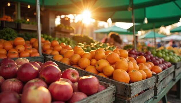Many fresh red apples, bright oranges, green limes stack in wood boxes at outdoor market. Golden sun rays peek under green umbrellas. People shop for healthy, organic food at local produce stand.