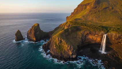 Aerial drone perspective of a waterfall plunging into the ocean on a remote island