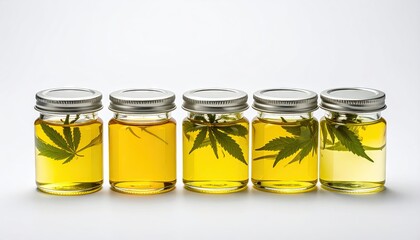 Five Glass Jars Containing Golden Liquid and Cannabis Leaves Lined Up in a Row on a White Background