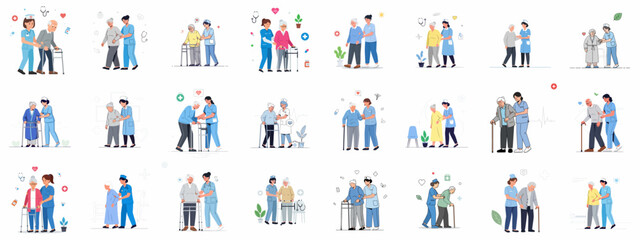A set of illustrations depicting professional caregivers assisting elderly men and women with walking, using walkers and canes, symbolizing geriatric healthcare and assisted living.