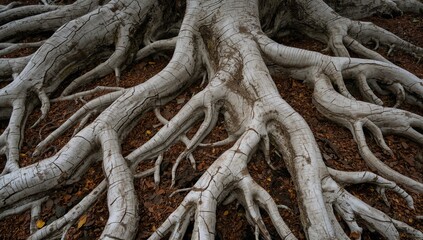 Fototapeta premium Close-up of ancient tree roots with deep veins spreading through the soil, showcasing the resilience of nature and its passage of time