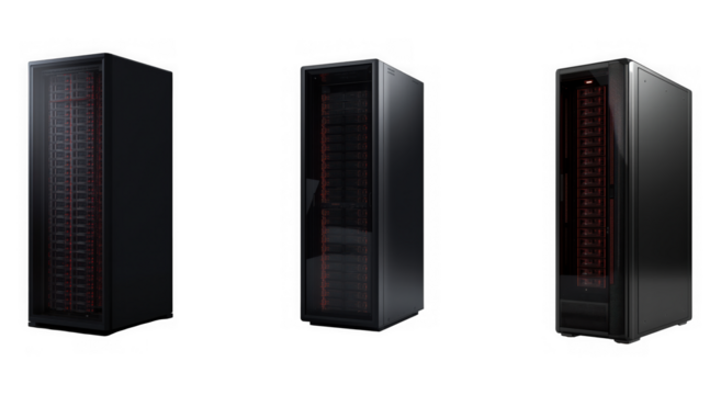 Three black server computers with red lights isolated on transparent background