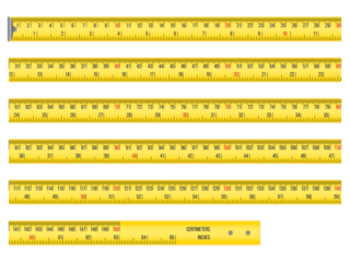 Collection of vintage wooden rulers with inch and centimeter markings displayed horizontally against a transparent PNG background.